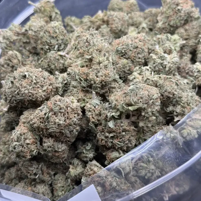 Bulk Pink Kush AA cannabis buds with pink pistils, purple accents, and frosty trichomes.