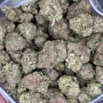 Close-up bulk shot of Pink God buds showing frosty trichomes and vibrant pink pistils.