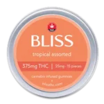 Bliss Tropical Assorted THC gummies in a round silver tin with orange label, 375mg THC total.